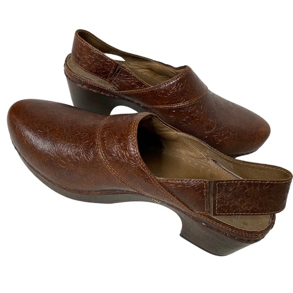 Dansko Floral embossed Brown Leather Slip on Strap Clogs (10) - Picture 2 of 9